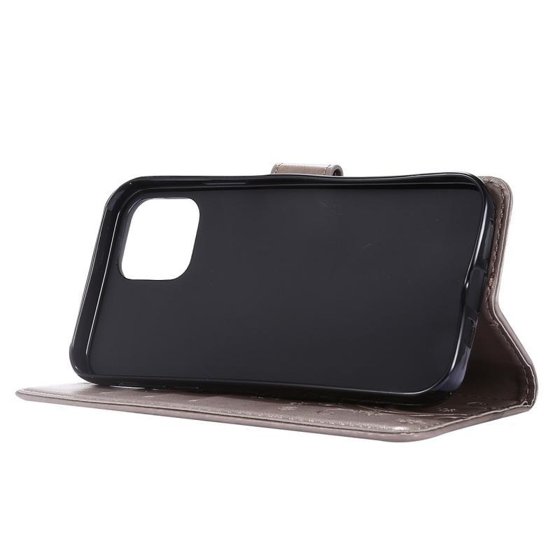Flower PU kožené peněženkové puzdro na mobil iPhone 12 Pro / 12 - šedé