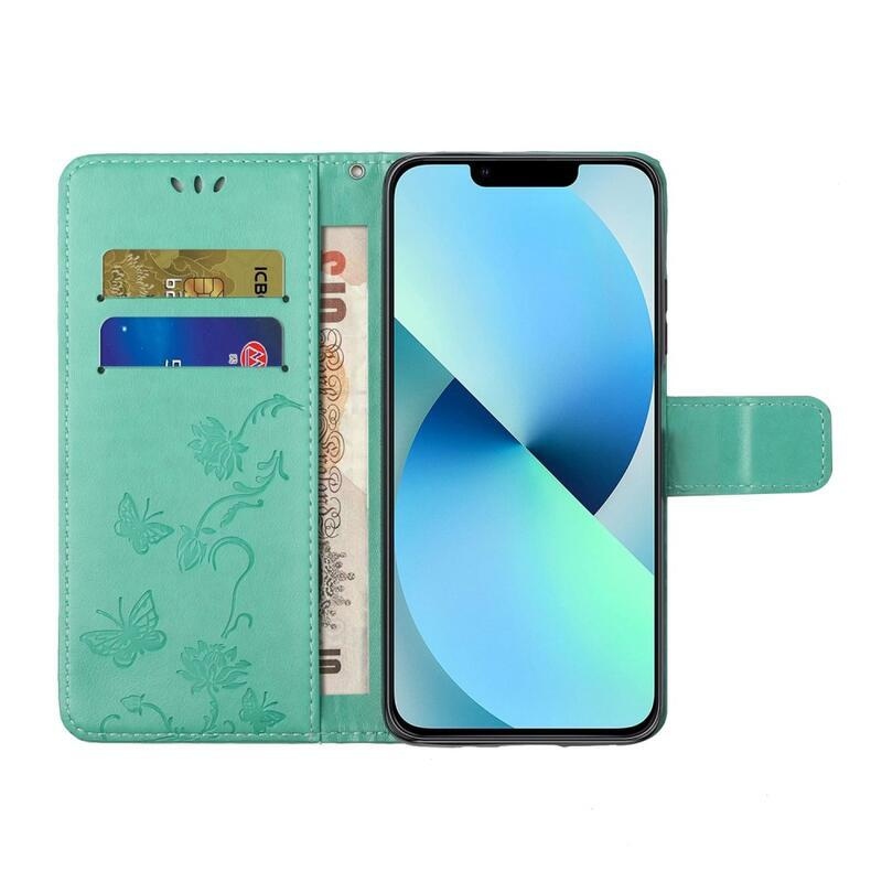 Flower PU kožené peňaženkové puzdro na mobil iPhone 14 Pro 6.1 - azúrové