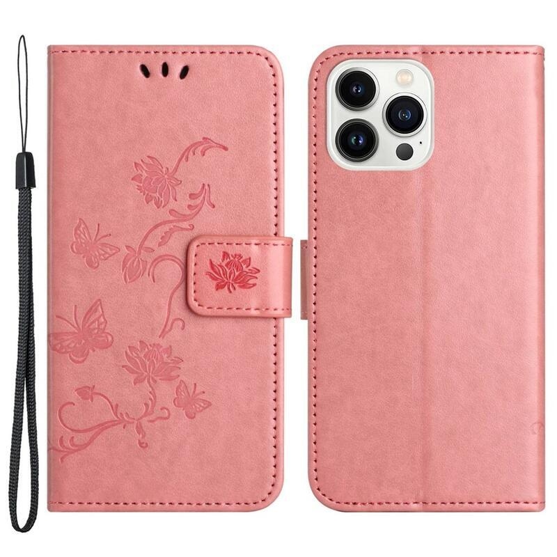 Flower PU kožené peňaženkové púzdro na mobil iPhone 14 Pro 6.1 - ružové