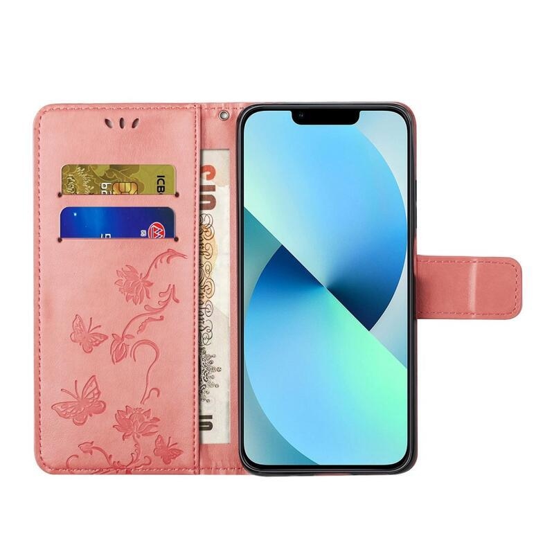 Flower PU kožené peňaženkové púzdro na mobil iPhone 14 Pro 6.1 - ružové