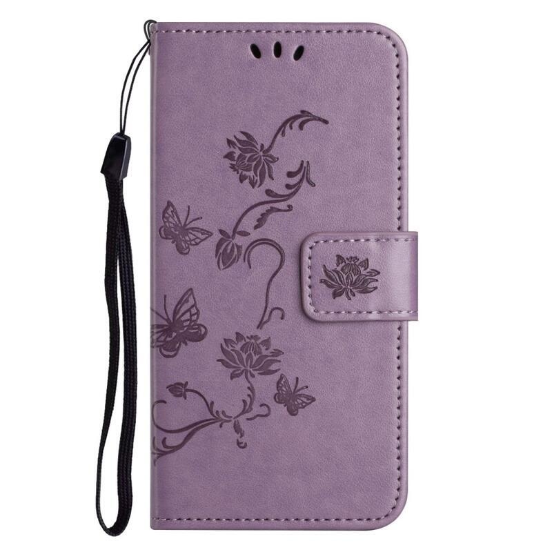 Flower PU kožené peňaženkové puzdro na mobil iPhone 14 Pro 6.1 - svetlofialové