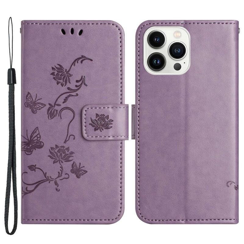 Flower PU kožené peňaženkové púzdro na mobil iPhone 14 Pro Max 6.7 - svetlofialové