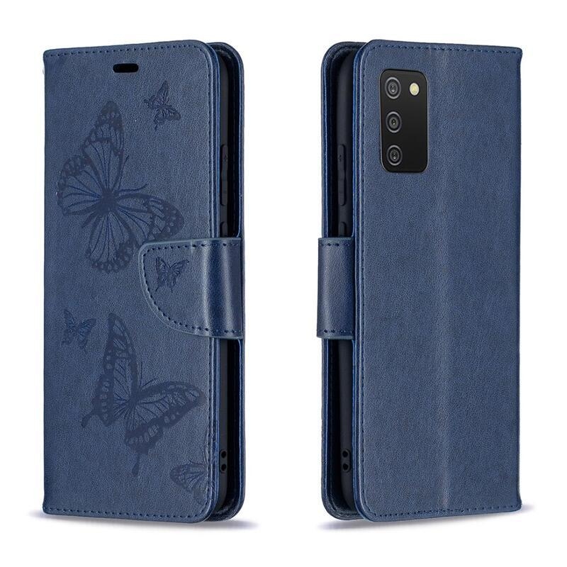 Butterfly PU kožené peněženkové puzdro na mobil Samsung Galaxy A02s (164.2x75.9x9.1mm) - modré