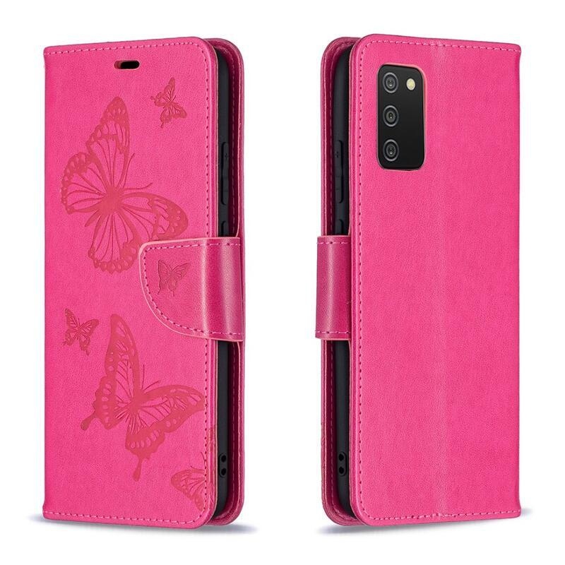 Butterfly PU kožené peněženkové puzdro na mobil Samsung Galaxy A02s (164.2x75.9x9.1mm) - rose