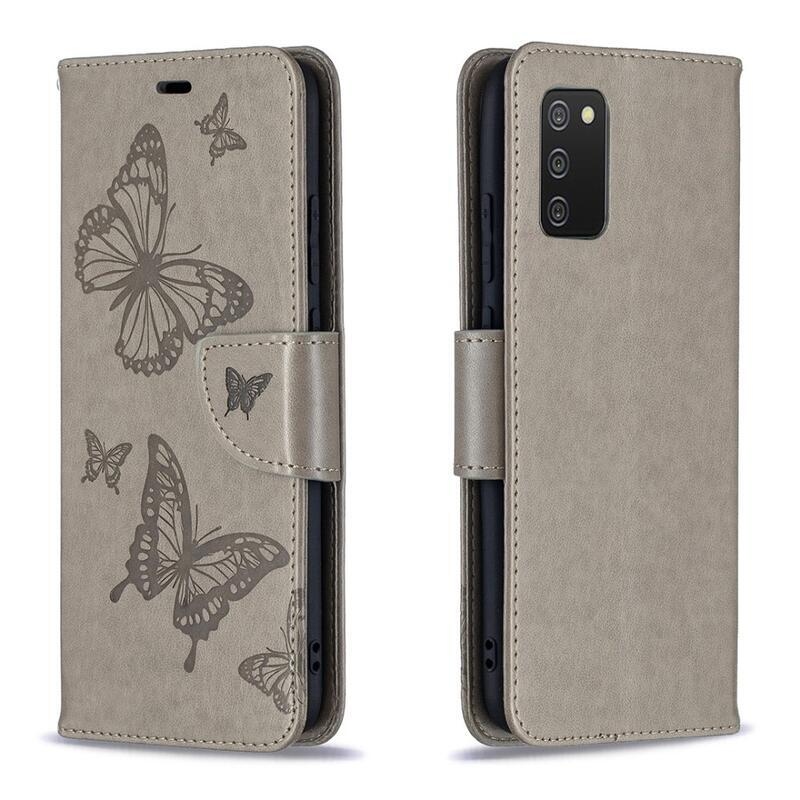 Butterfly PU kožené peněženkové puzdro na mobil Samsung Galaxy A02s (164.2x75.9x9.1mm) - šedé