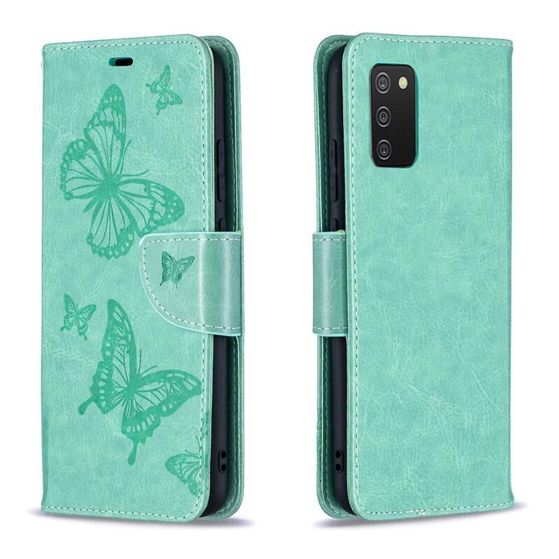 Butterfly PU kožené peněženkové puzdro na mobil Samsung Galaxy A02s (164.2x75.9x9.1mm) - zelené