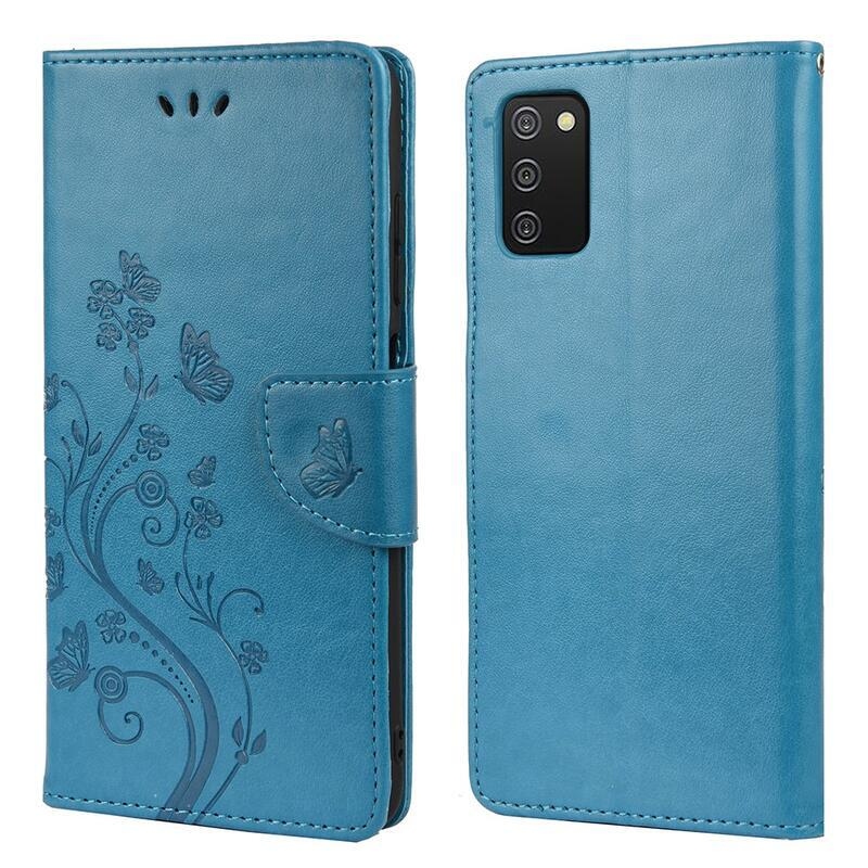 Flower PU kožené peněženkové puzdro na mobil Samsung Galaxy A03s (166.6 x 75.9 x 9.1mm) - modré