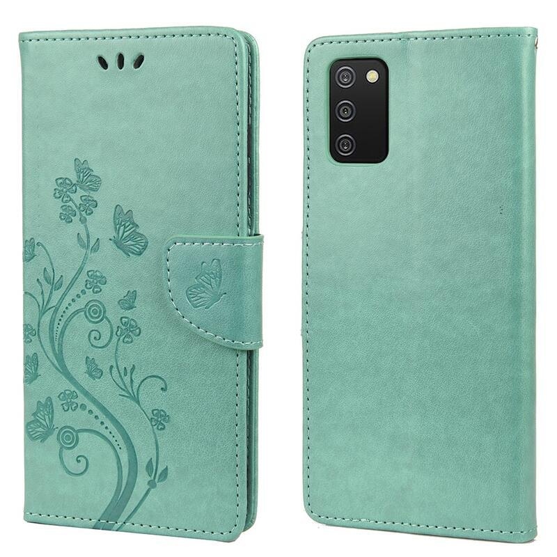 Flower PU kožené peněženkové puzdro na mobil Samsung Galaxy A03s (166.6 x 75.9 x 9.1mm) - zelené