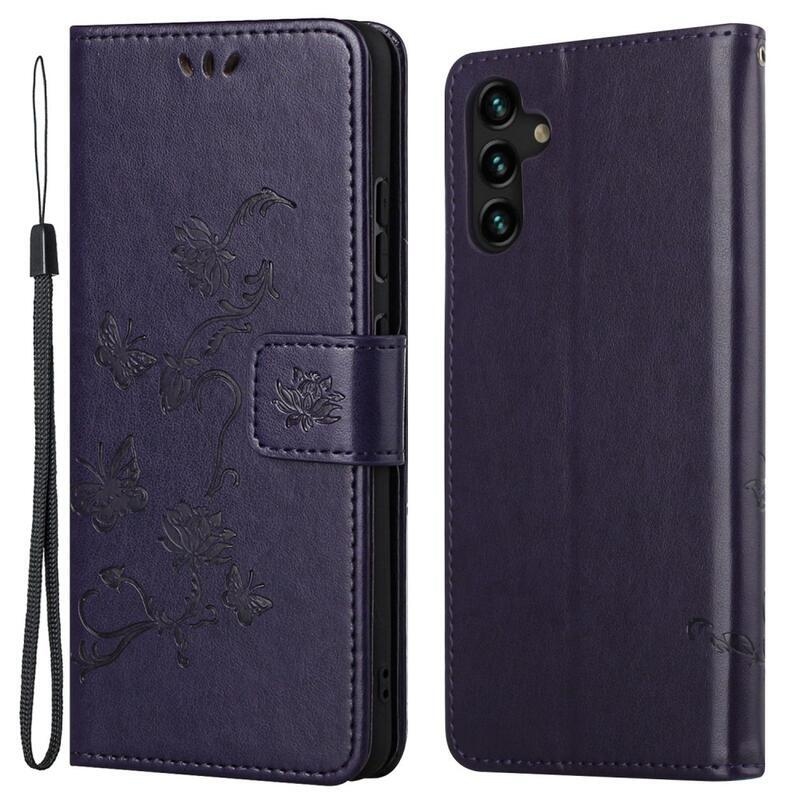 Flower PU kožené peňaženkové púzdro na mobil Samsung Galaxy A13 5G/Galaxy A04s (164.7 x 76.7 x 9.1 mm) - tmavofialové