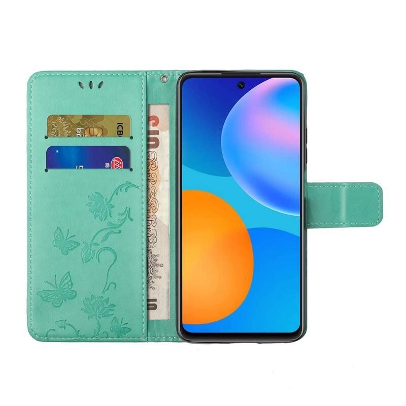 Flower PU kožené peněženkové puzdro na mobil Samsung Galaxy A52 5G / 4G / A52s 5G - cyan