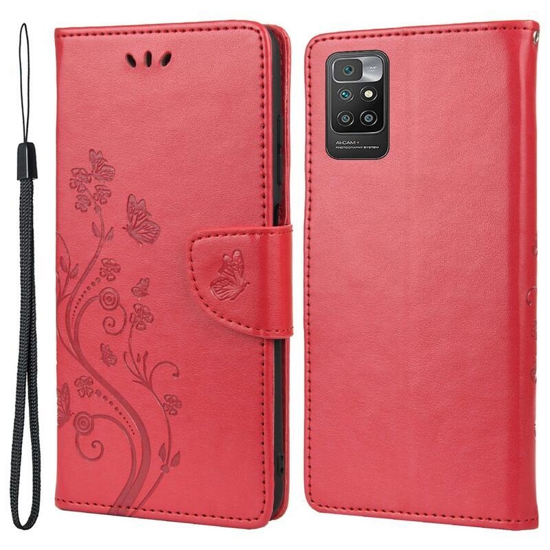 Flower PU kožené peněženkové puzdro na mobil Xiaomi Redmi 10/Redmi 10 (2022) - červené