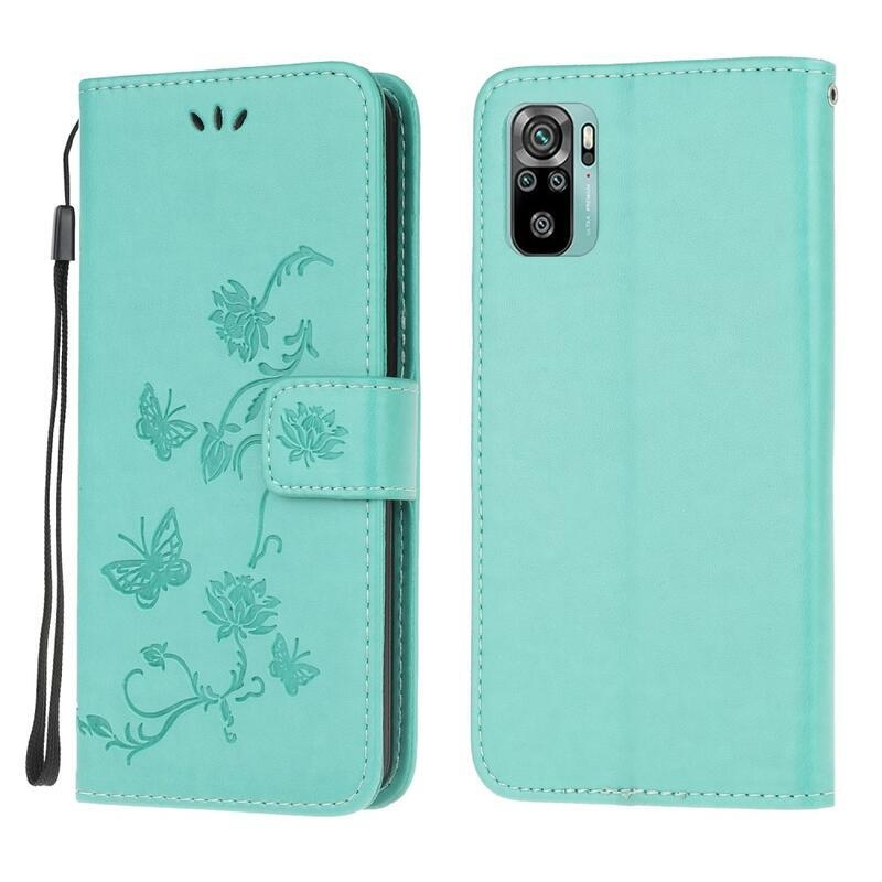 Flower PU kožené peněženkové puzdro na mobil Xiaomi Redmi Note 10 4G/Redmi Note 10S/Poco M5s - cyan