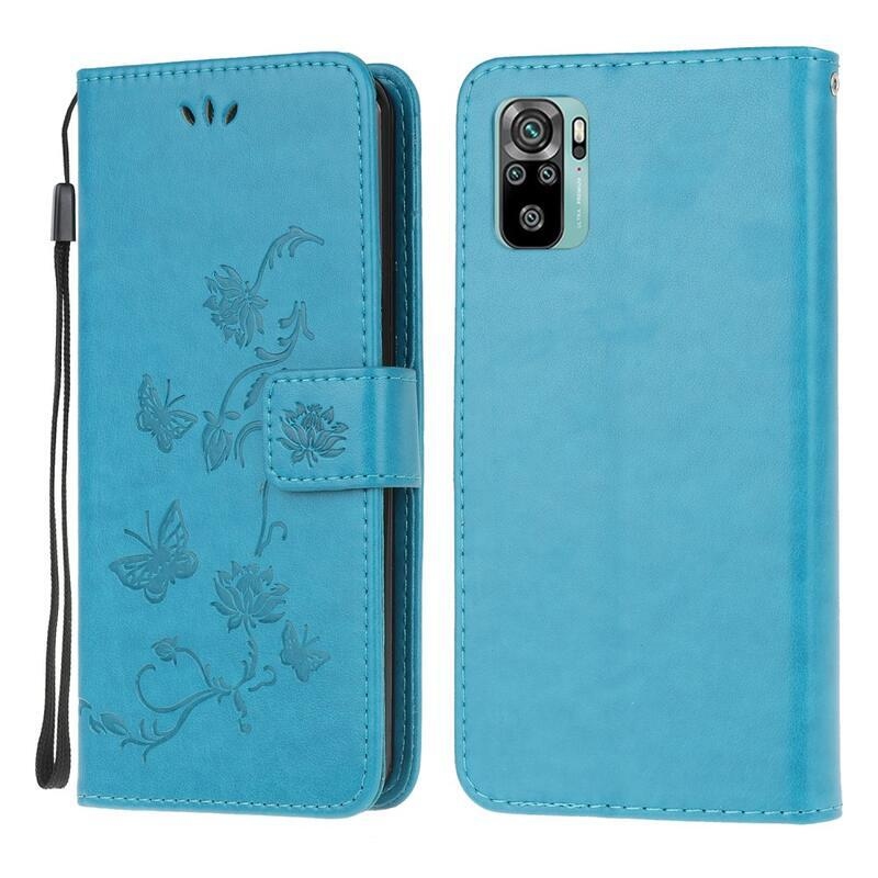 Flower PU kožené peněženkové puzdro na mobil Xiaomi Redmi Note 10 4G/Redmi Note 10S/Poco M5s - modré