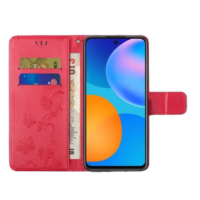 Flower PU kožené peněženkové puzdro na mobil Xiaomi Redmi Note 10 Pro - červené