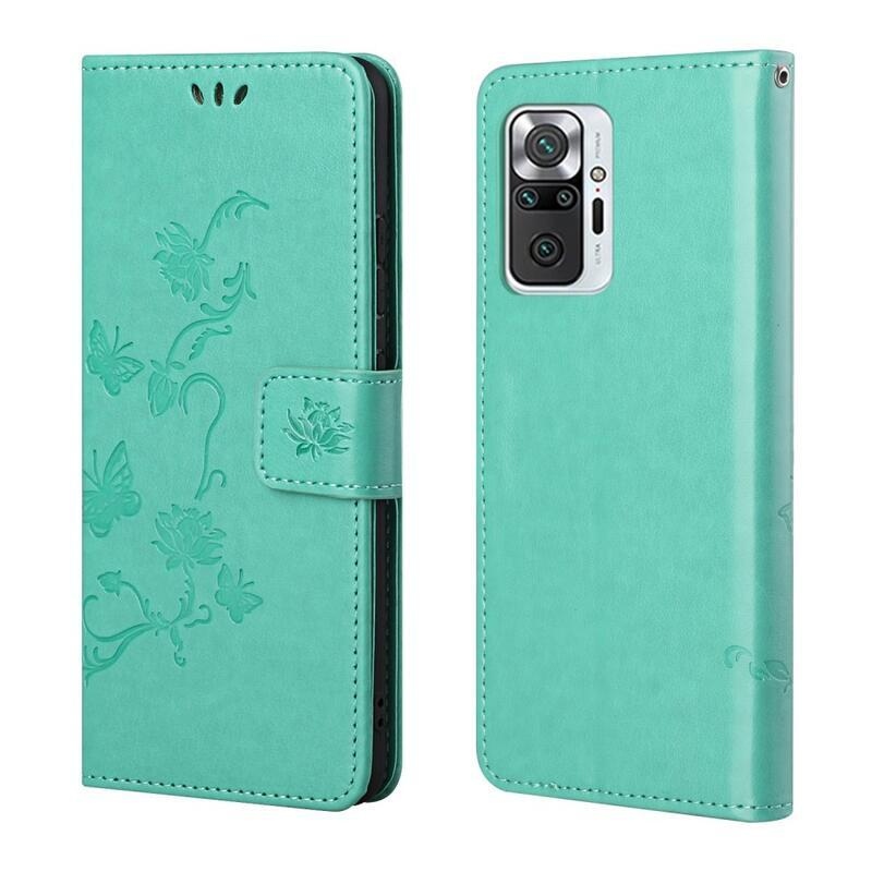 Flower PU kožené peněženkové puzdro na mobil Xiaomi Redmi Note 10 Pro - cyan