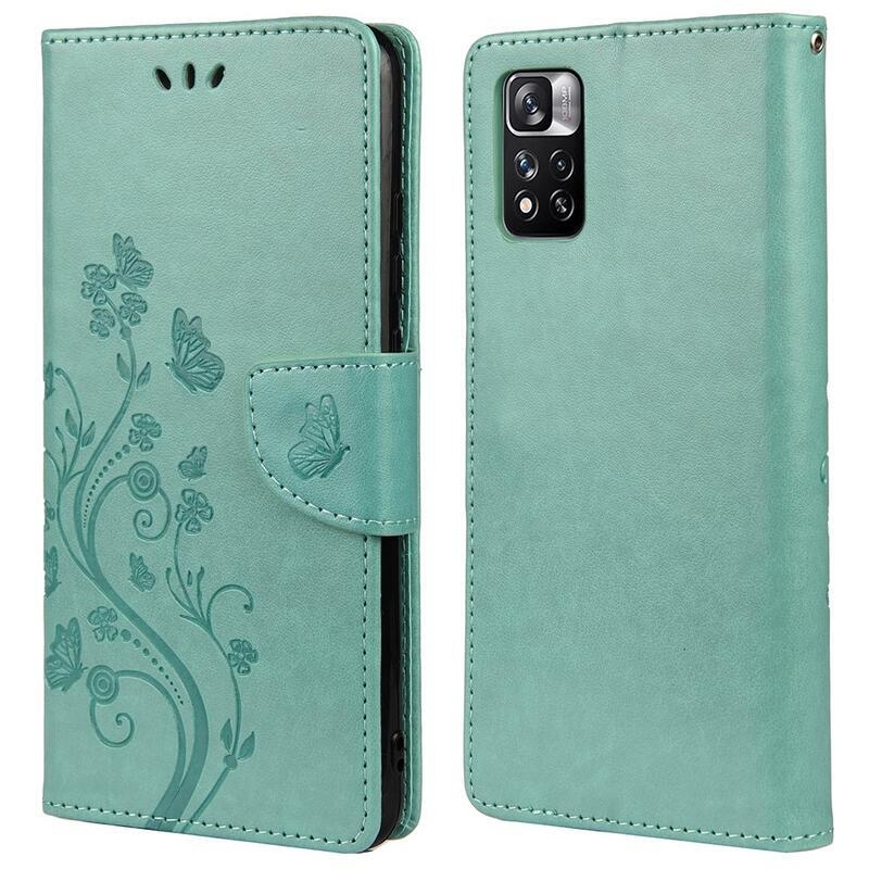 Flower PU kožené peňaženkové púzdro na mobil Xiaomi Redmi Note 11 Pro 4G/5G - modrozelené