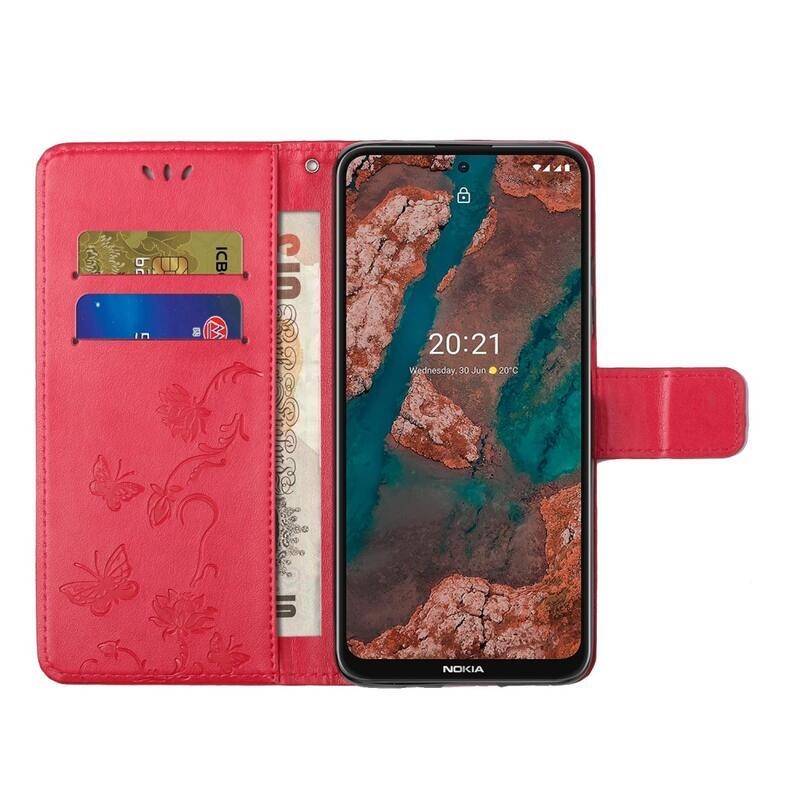 Flowers PU kožené peněženkové puzdro na mobil Nokia X10 / X20 - červené