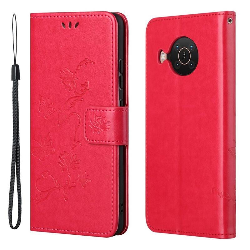 Flowers PU kožené peněženkové puzdro na mobil Nokia X10 / X20 - červené