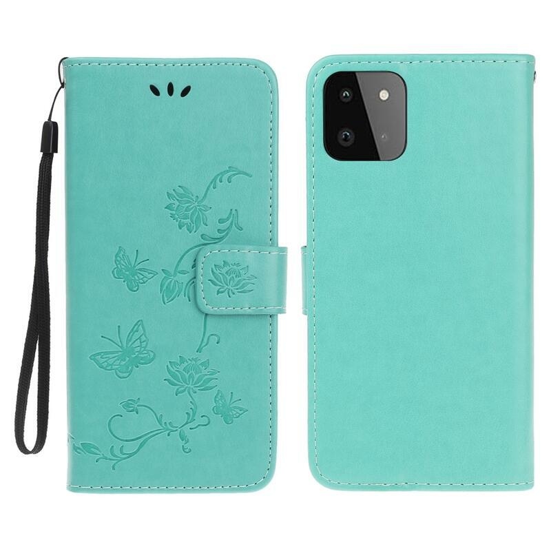 Flowers PU kožené peněženkové puzdro na mobil Samsung Galaxy A22 5G - cyan