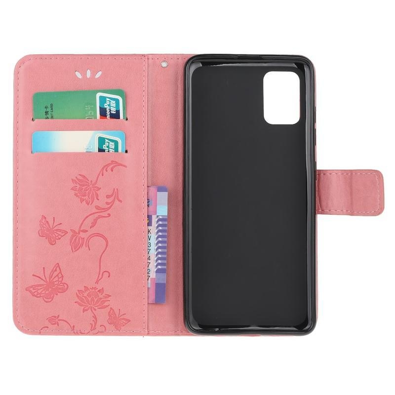 Flowers PU kožené peněženkové puzdro na mobil Samsung Galaxy M31s - ružové