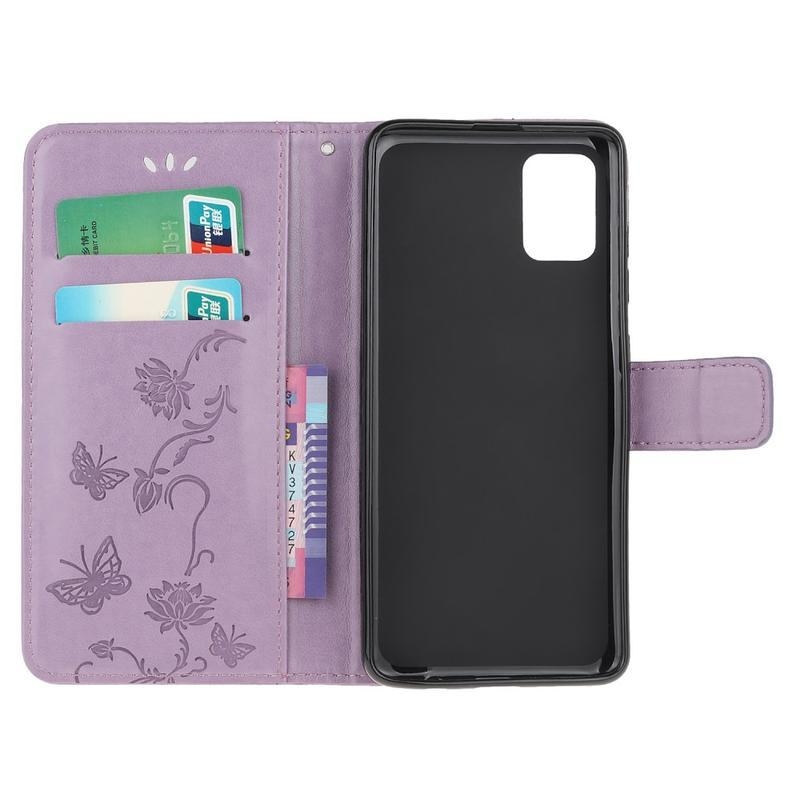 Flowers PU kožené peněženkové puzdro na mobil Samsung Galaxy M31s - světlefialové