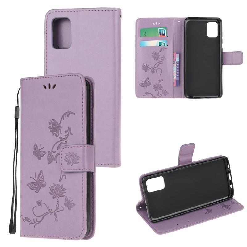 Flowers PU kožené peněženkové puzdro na mobil Samsung Galaxy M31s - světlefialové