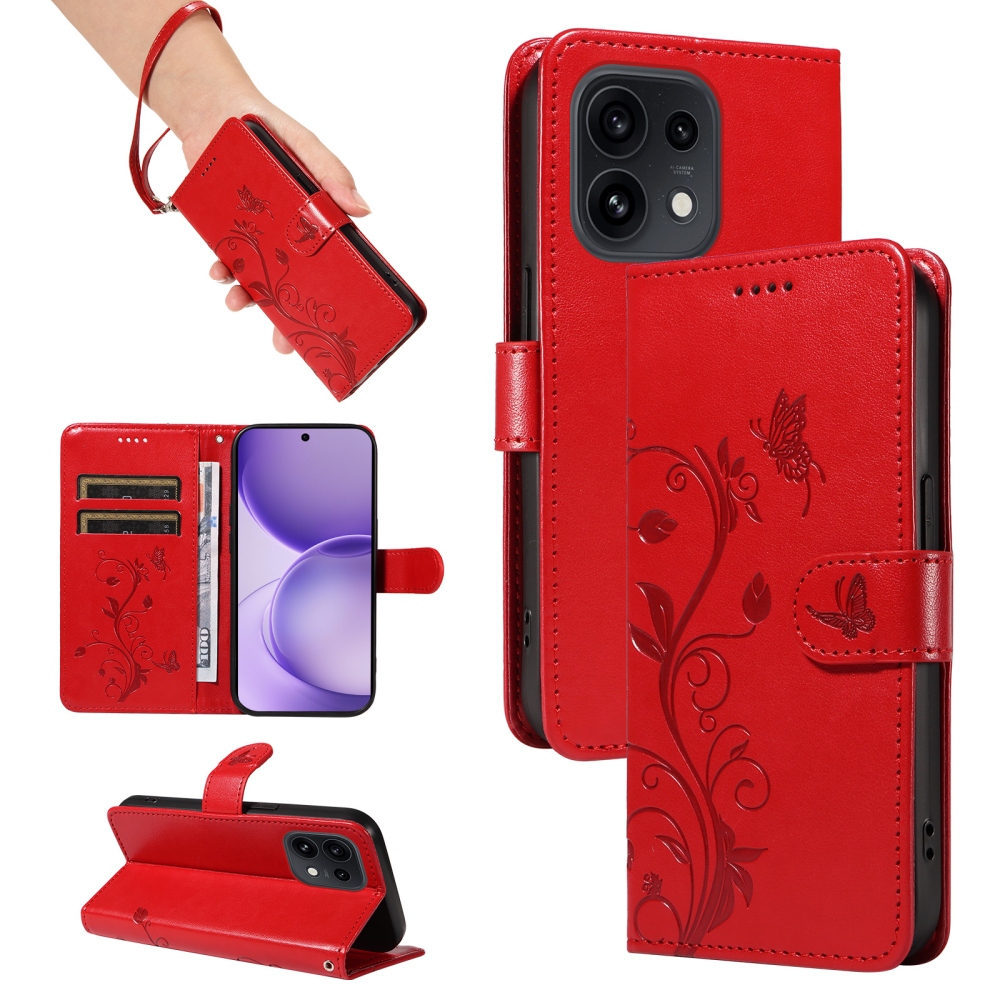 Flowery knižkové puzdro na Oppo Reno 16 Pro 5G/Oppo Reno 16 5G - červené