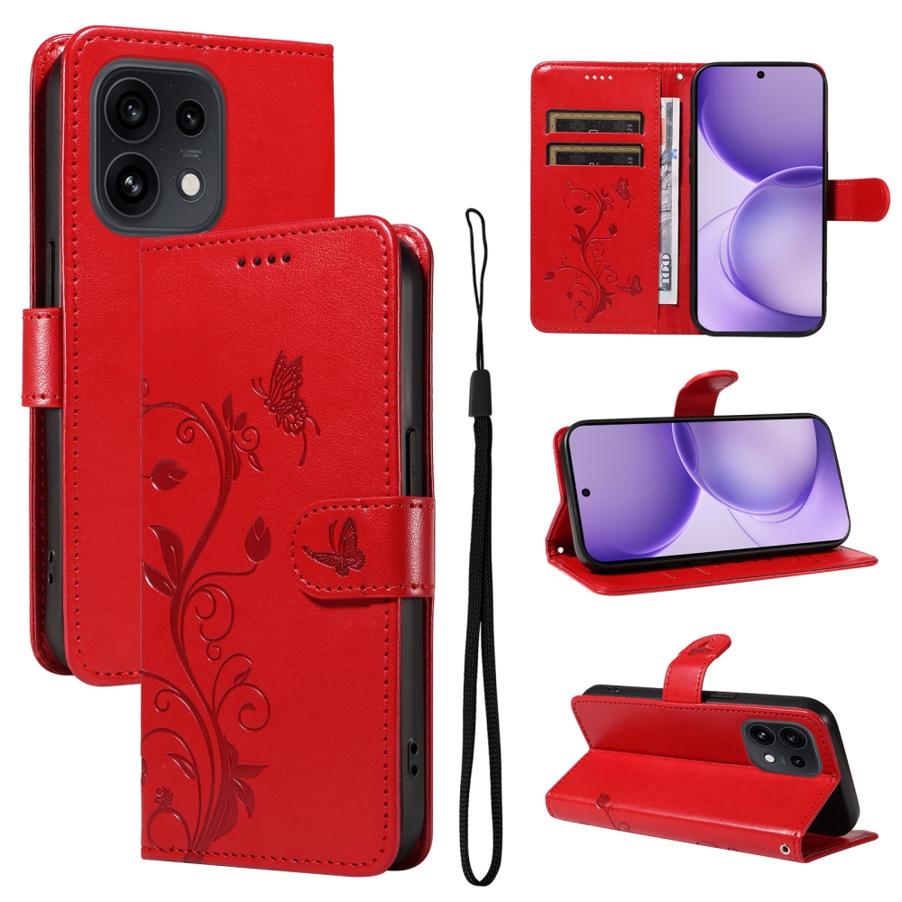 Flowery knižkové puzdro na Oppo Reno 16 Pro 5G/Oppo Reno 16 5G - červené