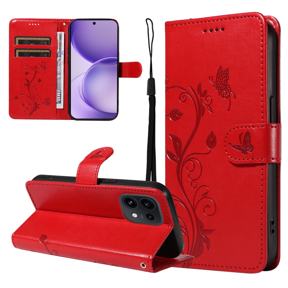 Flowery knižkové puzdro na Oppo Reno 16 Pro 5G/Oppo Reno 16 5G - červené