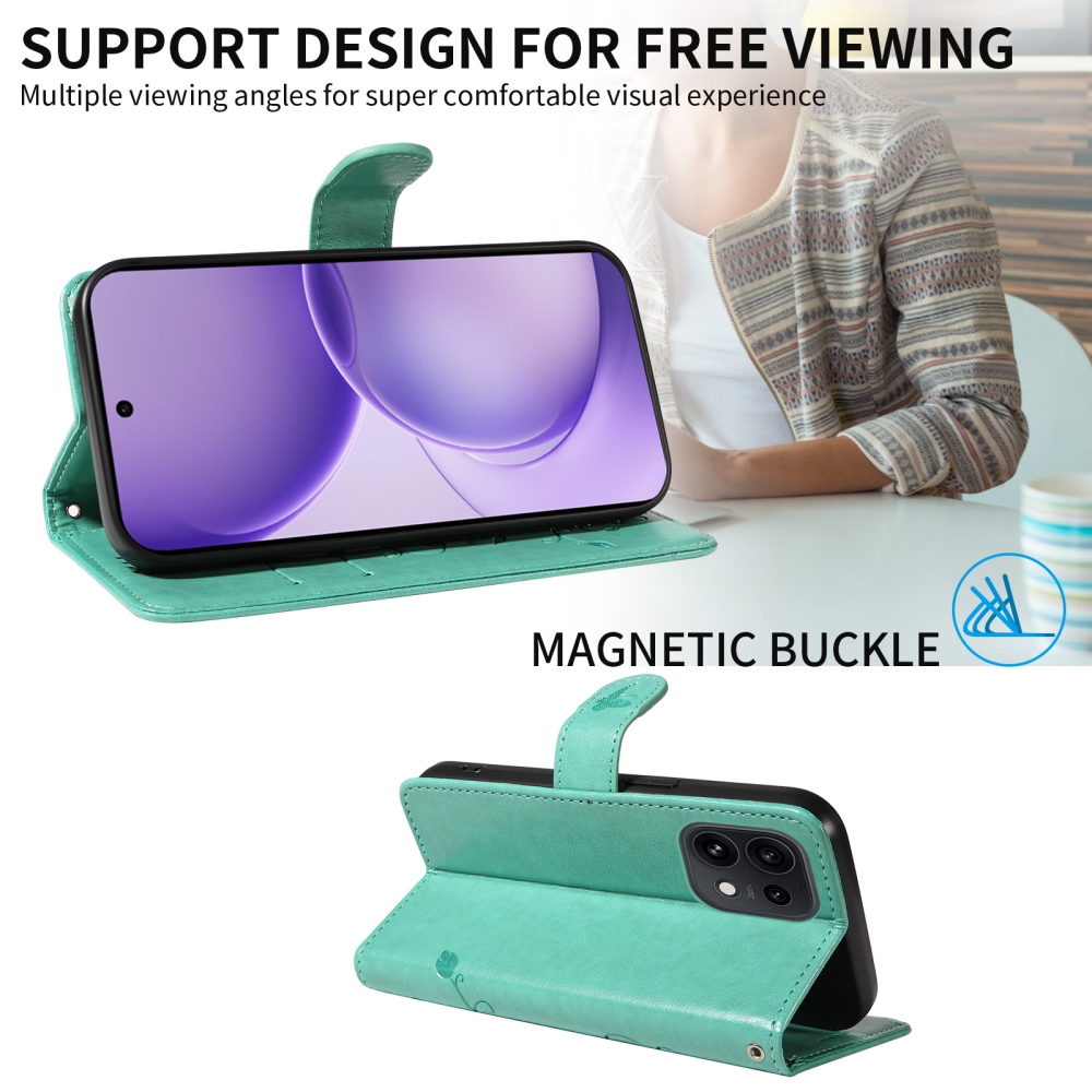 Flowery knižkové puzdro na Oppo Reno 16 Pro 5G/Oppo Reno 16 5G - modrozelené