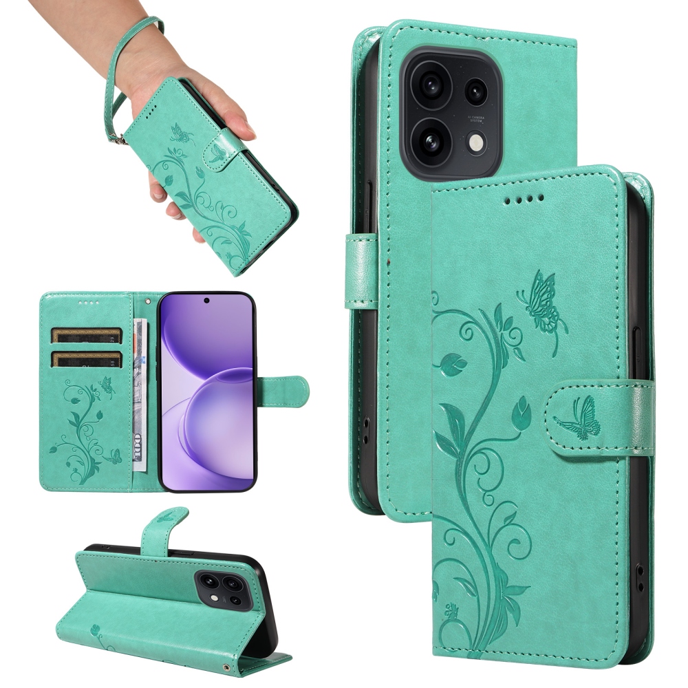 Flowery knižkové puzdro na Oppo Reno 16 Pro 5G/Oppo Reno 16 5G - modrozelené