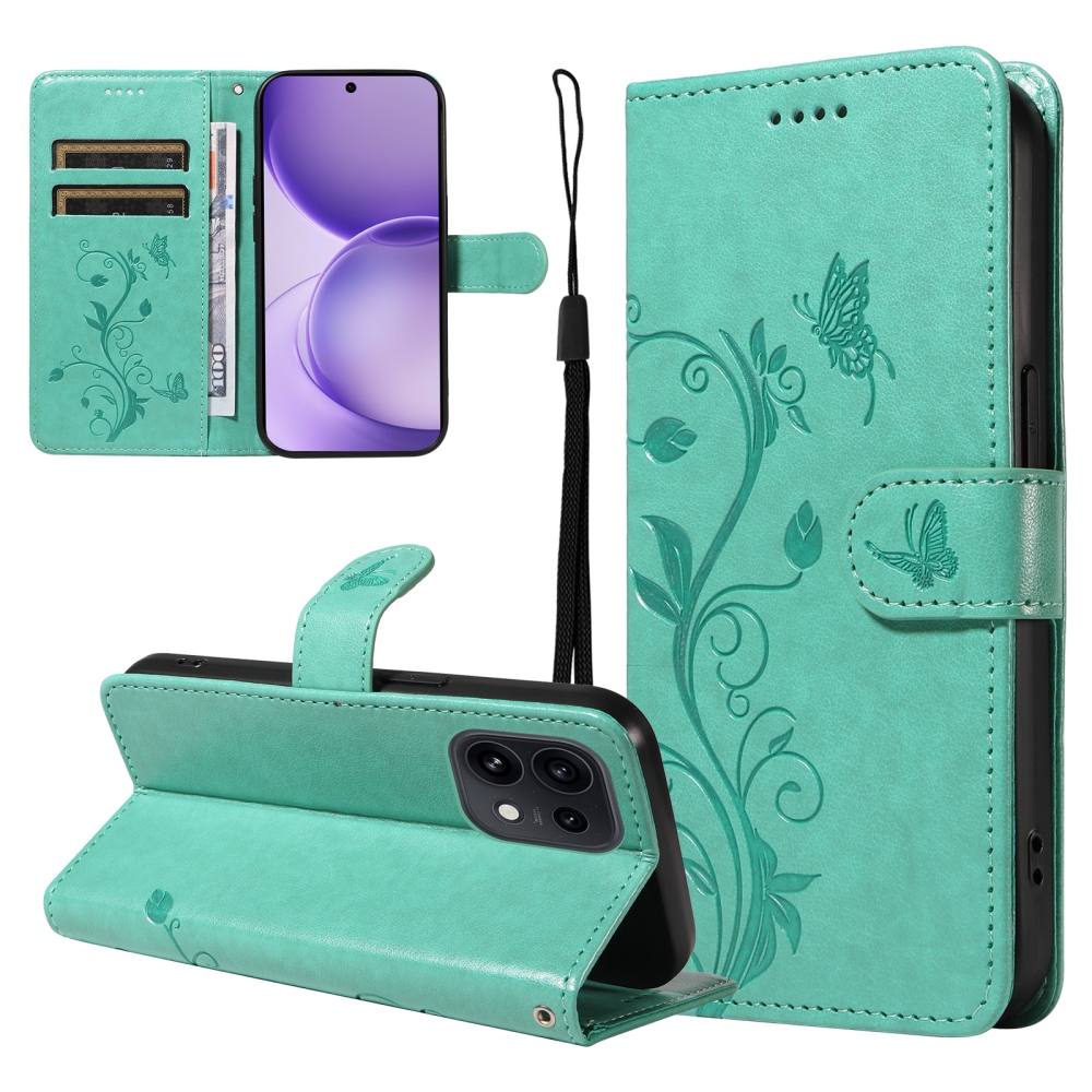 Flowery knižkové puzdro na Oppo Reno 16 Pro 5G/Oppo Reno 16 5G - modrozelené