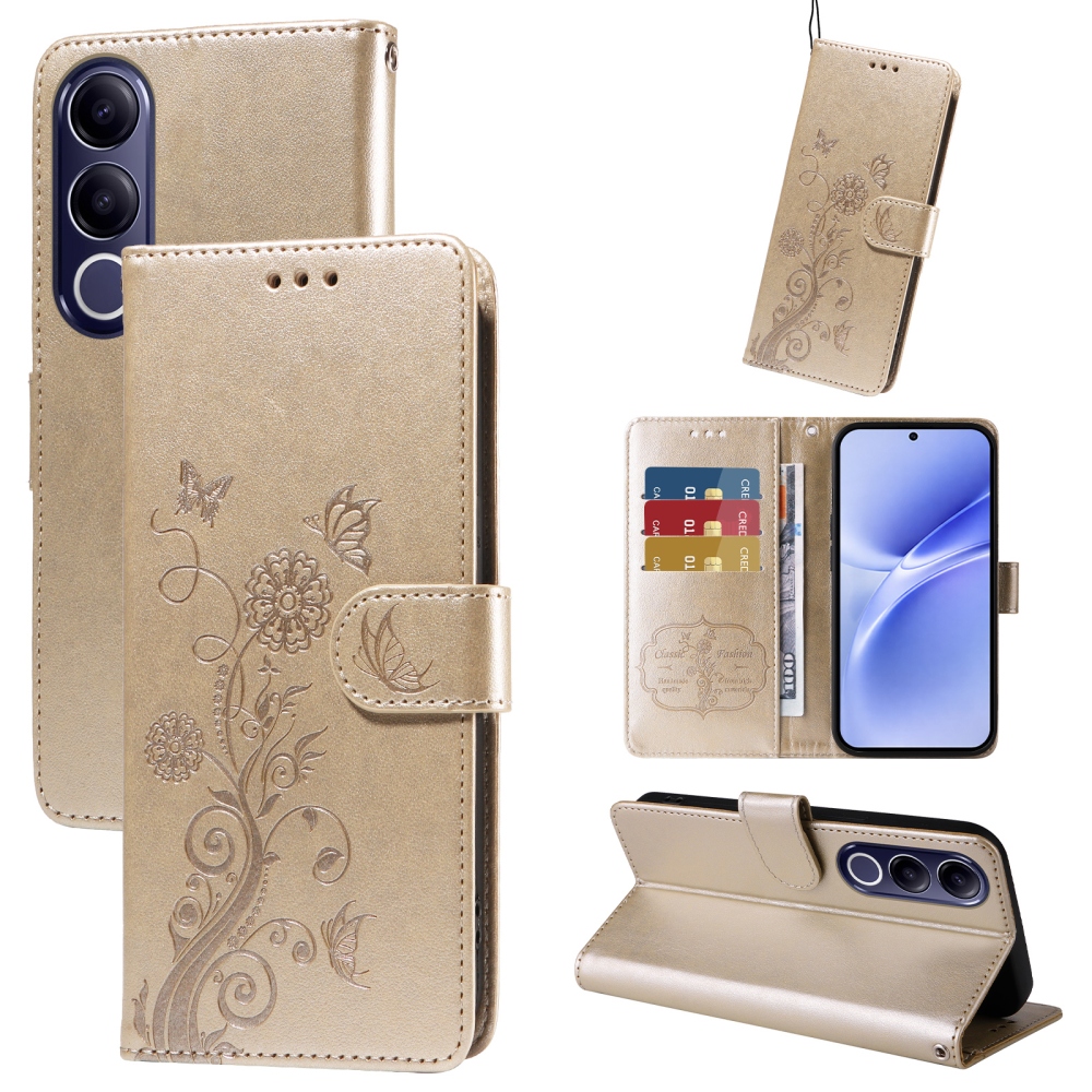 Flowery knižkové puzdro na Vivo V70 FE 5G - zlaté