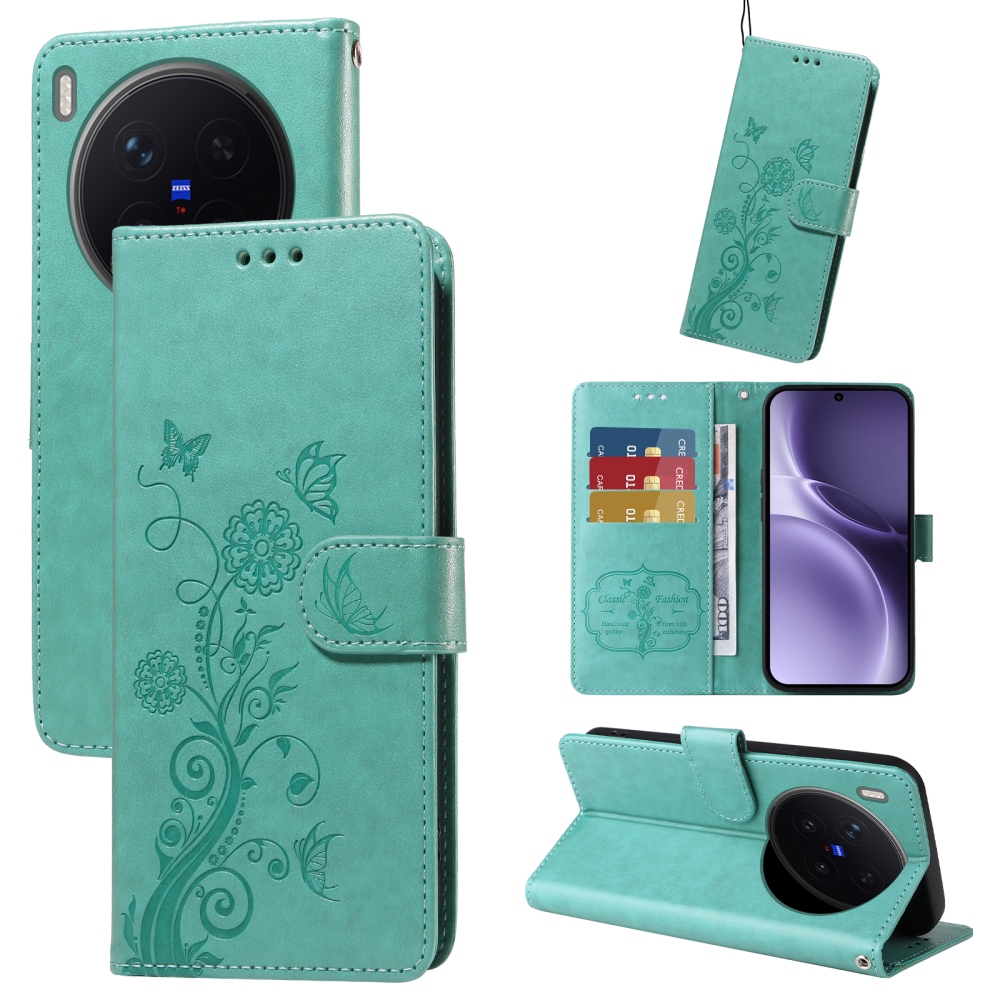 Flowery knižkové puzdro na Vivo X300 Pro 5G - modrozelené