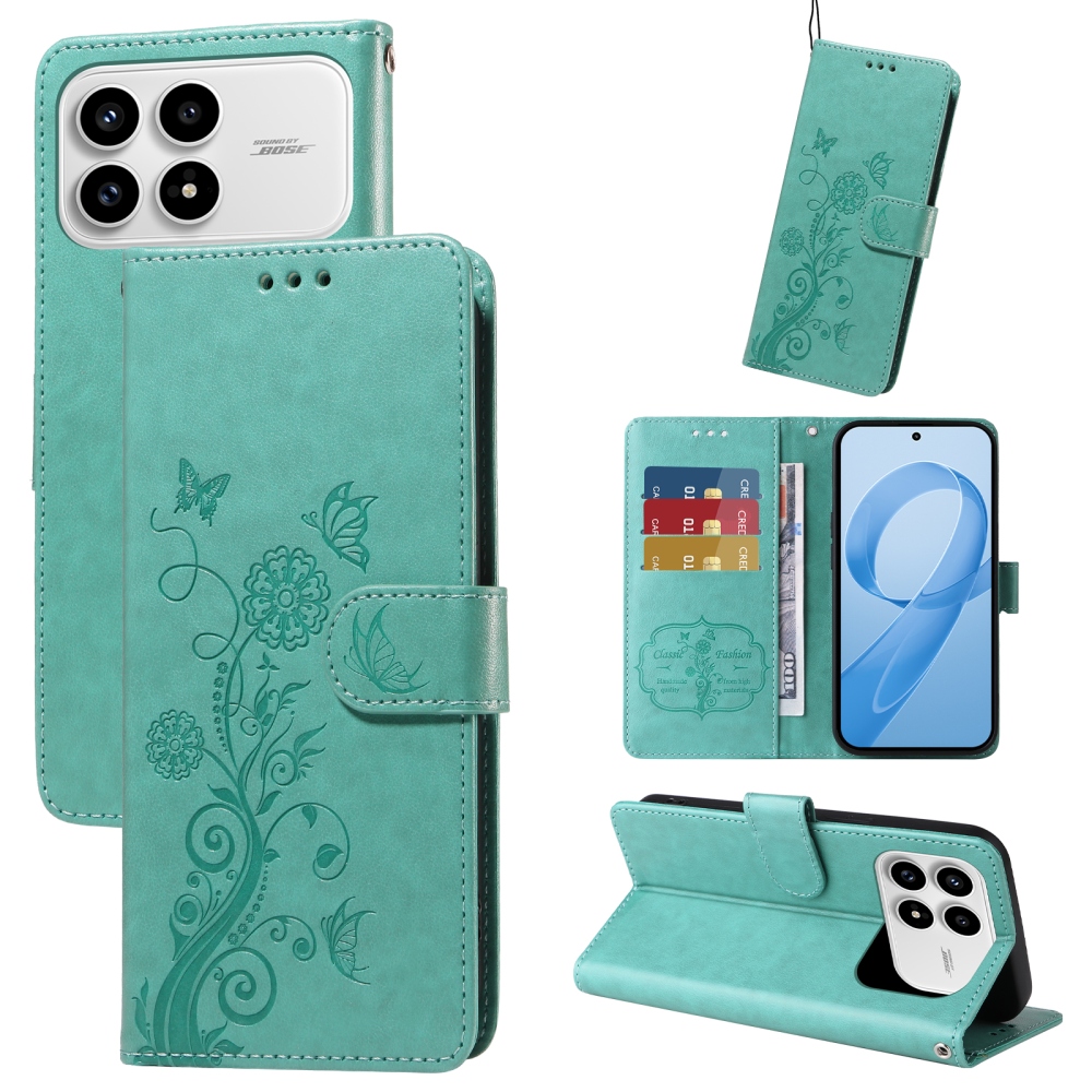 Flowery knižkové púzdro na Xiaomi Poco F8 Pro 5G - modrozelené