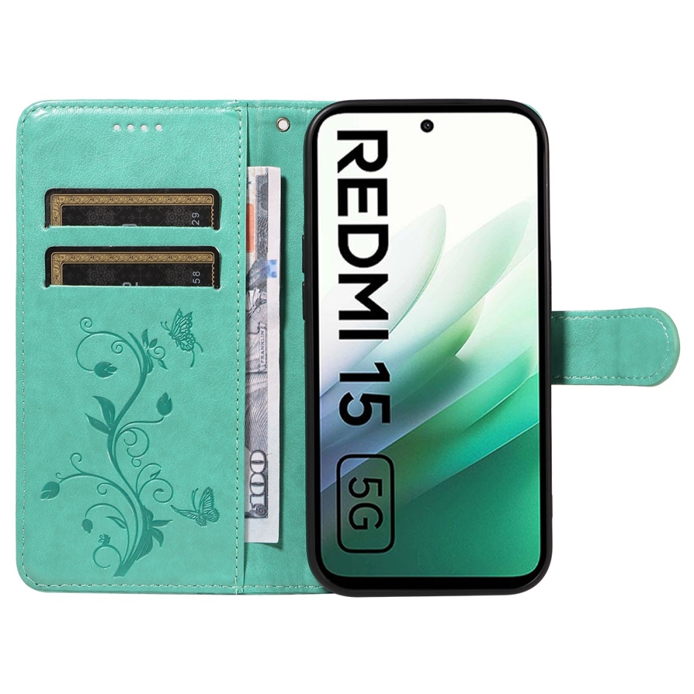 Flowery knižkové puzdro na Xiaomi Redmi 15 4G (171mm) - modrozelené
