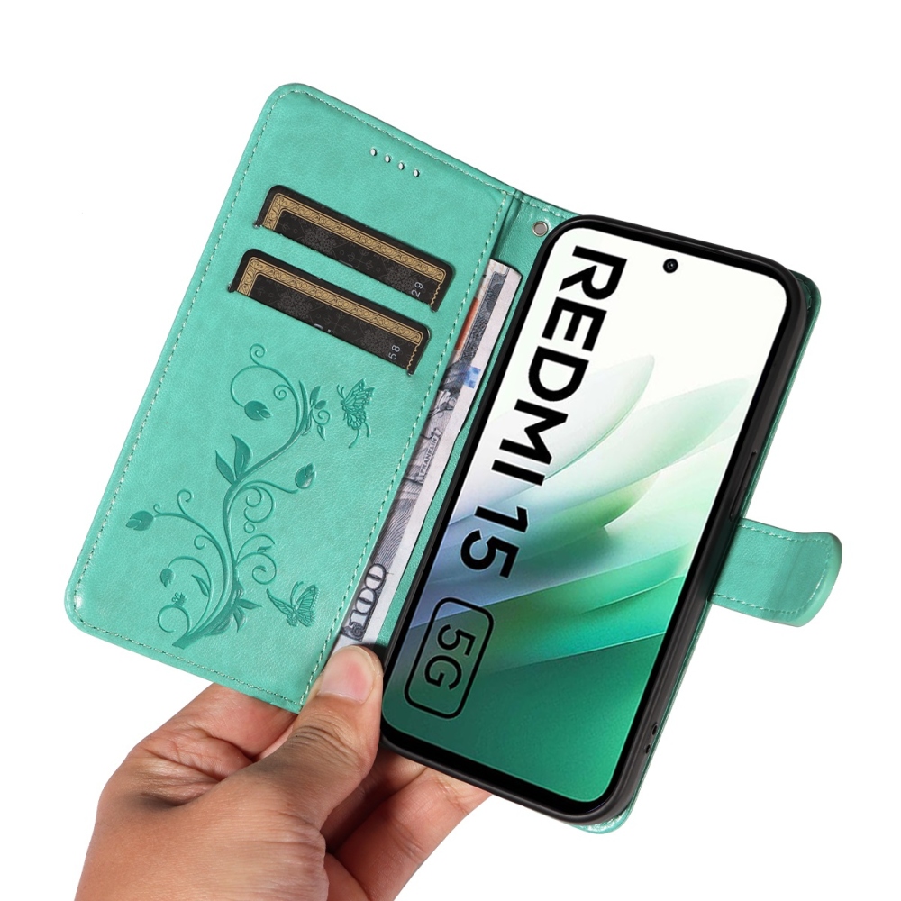 Flowery knižkové puzdro na Xiaomi Redmi 15 4G (171mm) - modrozelené