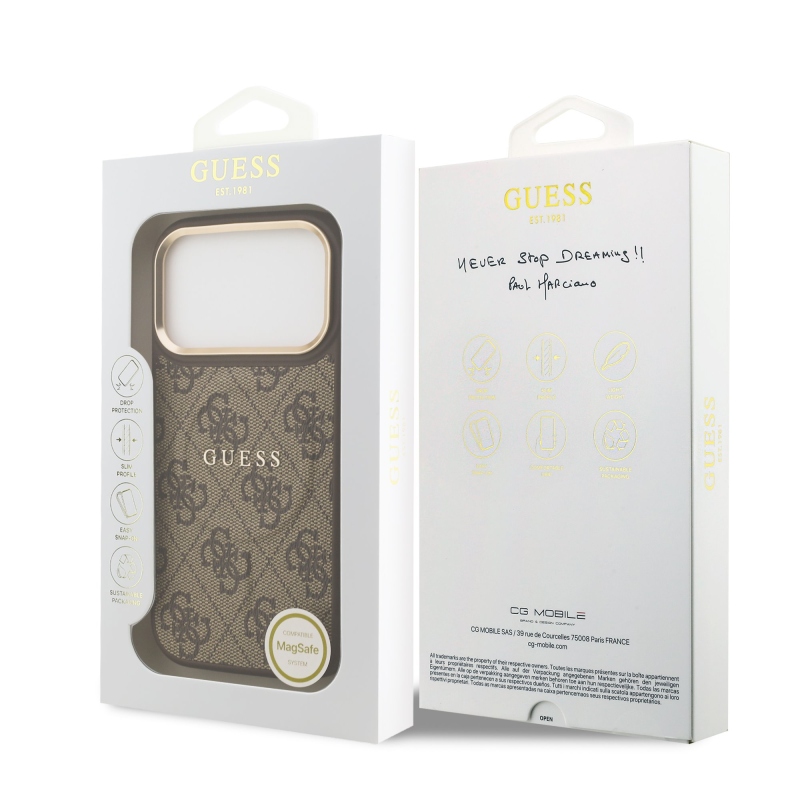 Guess PU kožený zadný kryt 4G Gold Frame MagSafe pre iPhone 17 Pro Brown