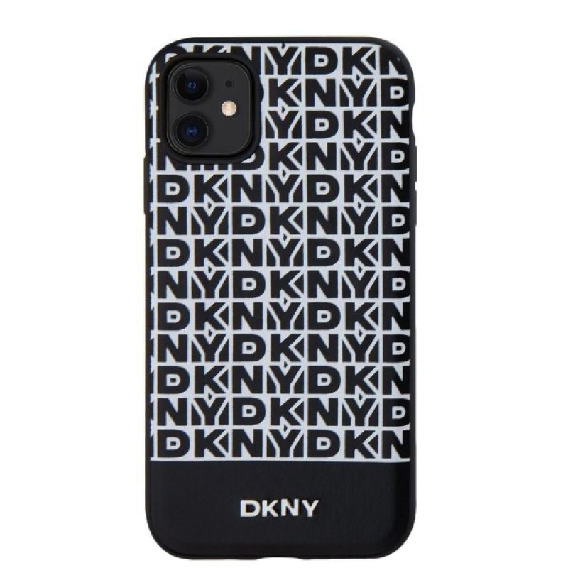 DKNY PU Leather Repeat Pattern Bottom Stripe MagSafe Zadný Kryt pre iPhone 11 Black