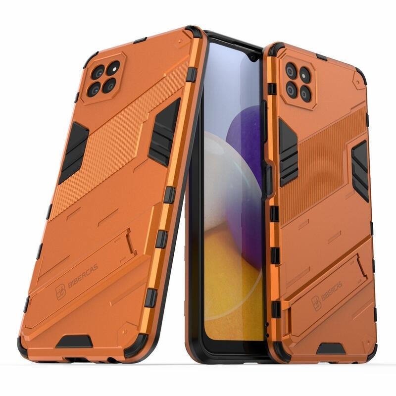 Fold odolný hybridných kryt s výklopným stojanom na mobil Samsung Galaxy A22 5G - oranžový