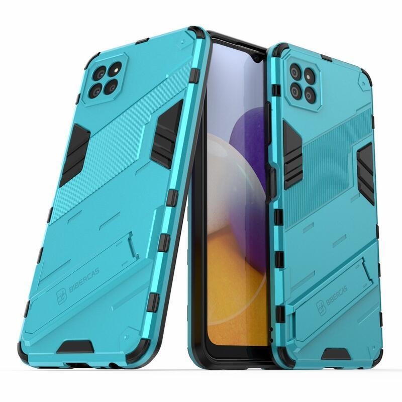 Fold odolný hybridných kryt s výklopným stojanom na mobil Samsung Galaxy A22 5G - svetlomodrý