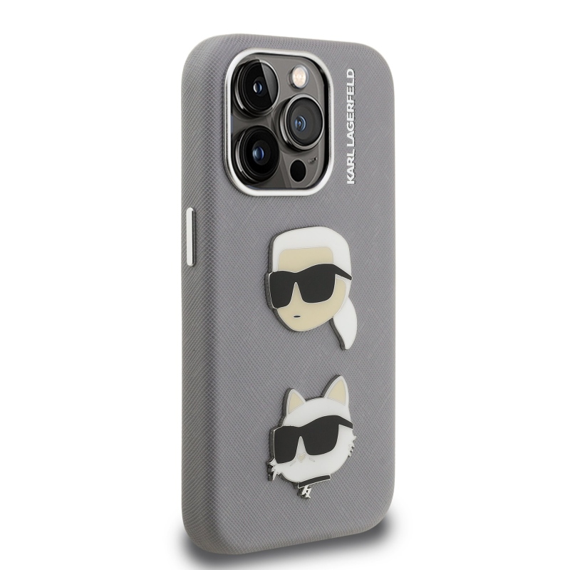 Karl Lagerfeld Grained PU K&CH Heads Zadný Kryt pre iPhone 15 Pro Max Grey