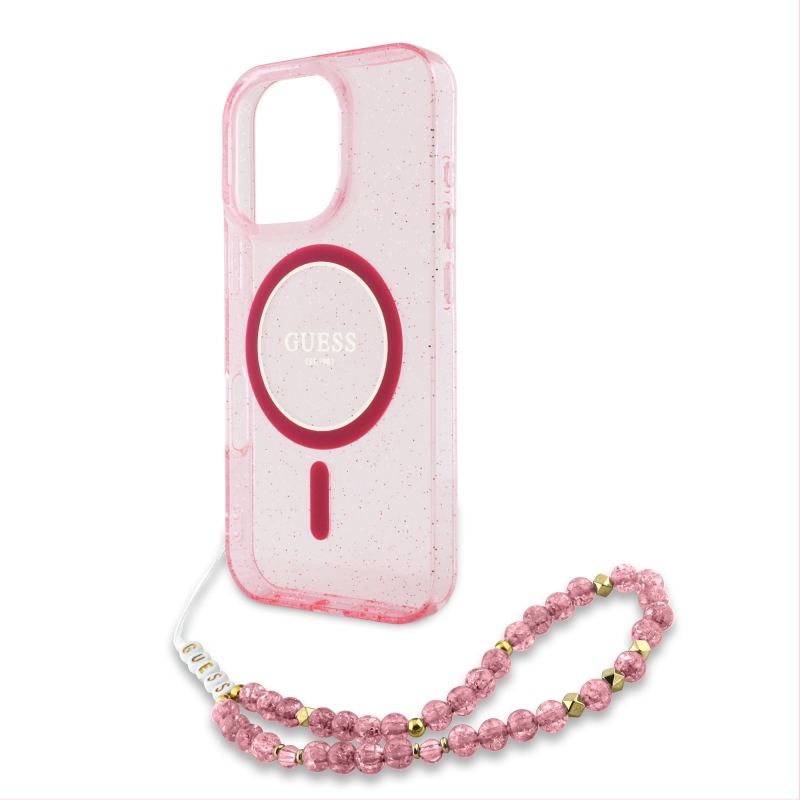Guess IML Glitter Strap MagSafe Zadný Kryt pre iPhone 16 Pro Pink