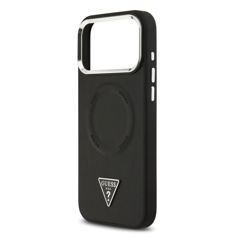 Guess PU kožený zadný kryt MagSafe s trojuholníkovým logom pre iPhone 17 Pro Black