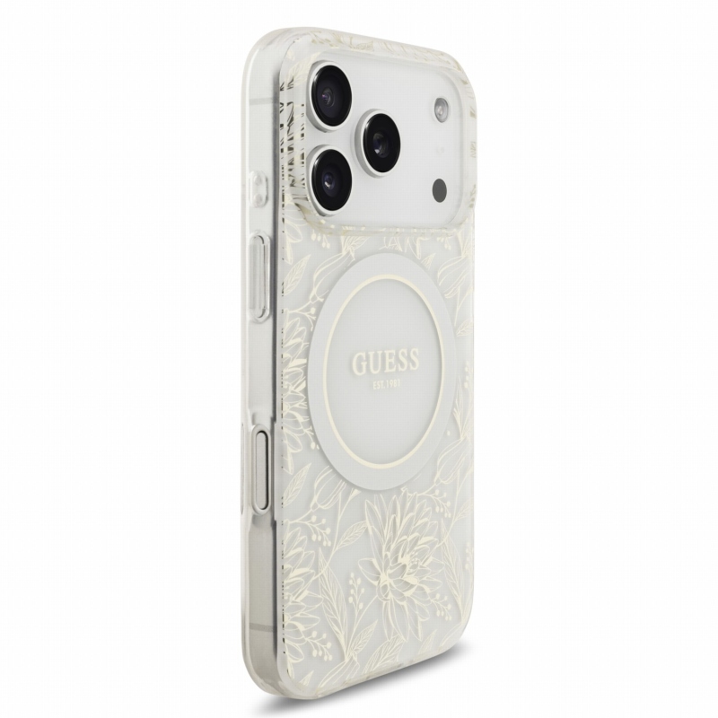 Guess IML Flowers Allover Strap MagSafe zadný kryt pre iPhone 18 Pro, biely