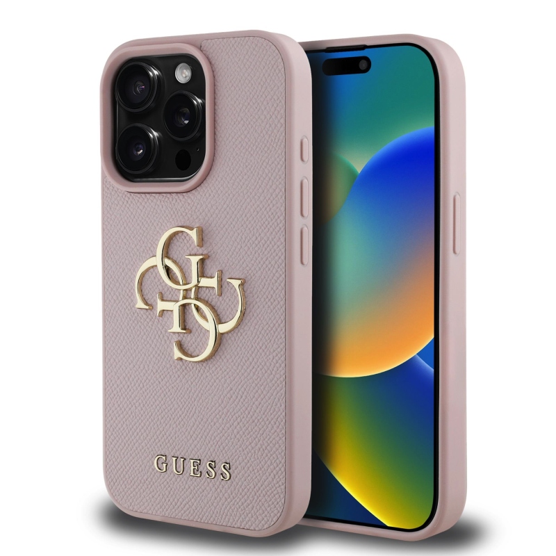 Guess PU Grained 4G Metal Logo Zadný Kryt pre iPhone 15 Pro Pink