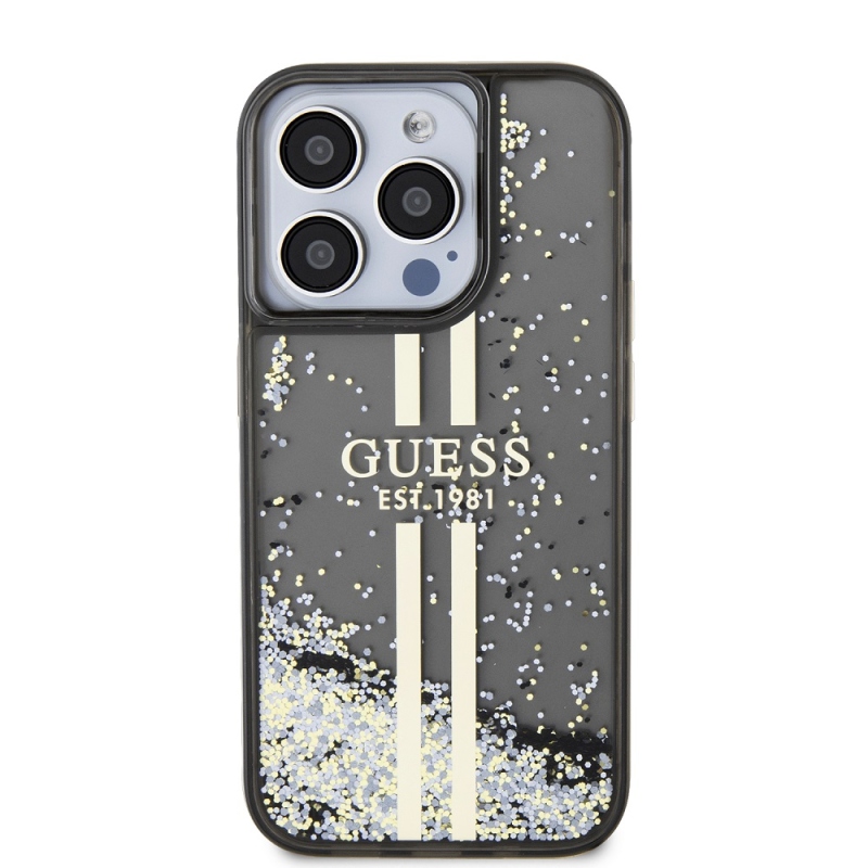 Guess PC/TPU Liquid Glitter Gold Stripe Zadný Kryt pre iPhone 15 Pro Black