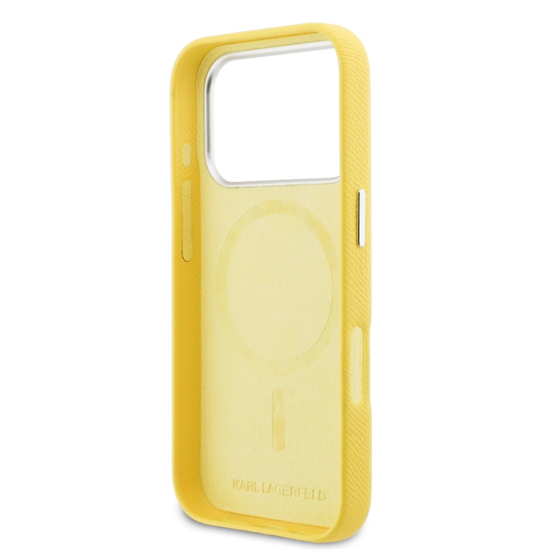 Karl Lagerfeld PU Karl and Choupette Heads Pins MagSafe zadný kryt pre iPhone 17 Pro Max Yellow