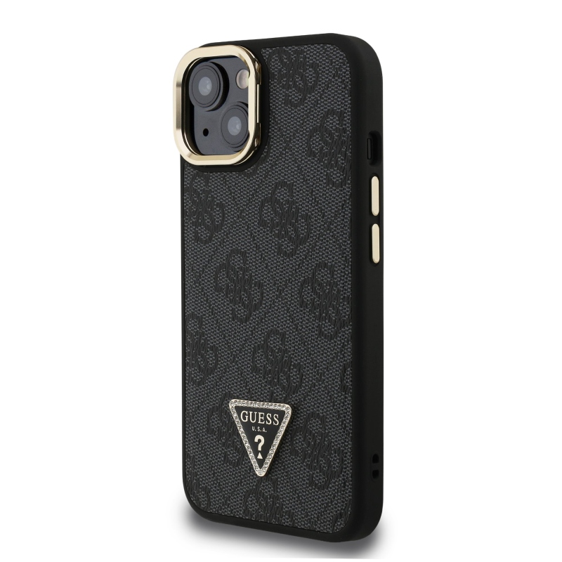 Guess PU 4G Strass Triangle Logo Stand Camera Frame MagSafe Zadný Kryt pre iPhone 14 Black