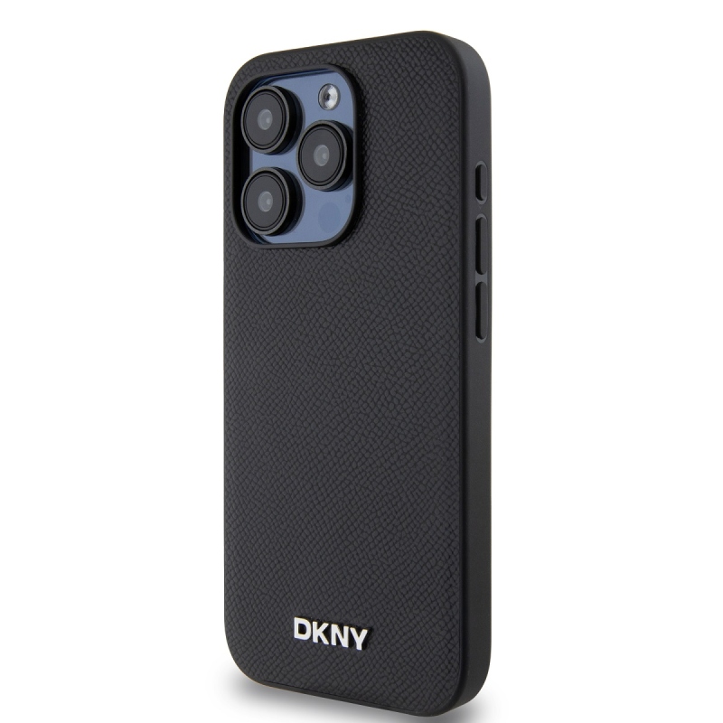 DKNY PU Leather Silver Metal Logo Magsafe Zadný Kryt pre iPhone 15 Pro Max Black